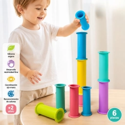 Juego Sensorial Tubos Apilables de Silicona Oso Curioso x6