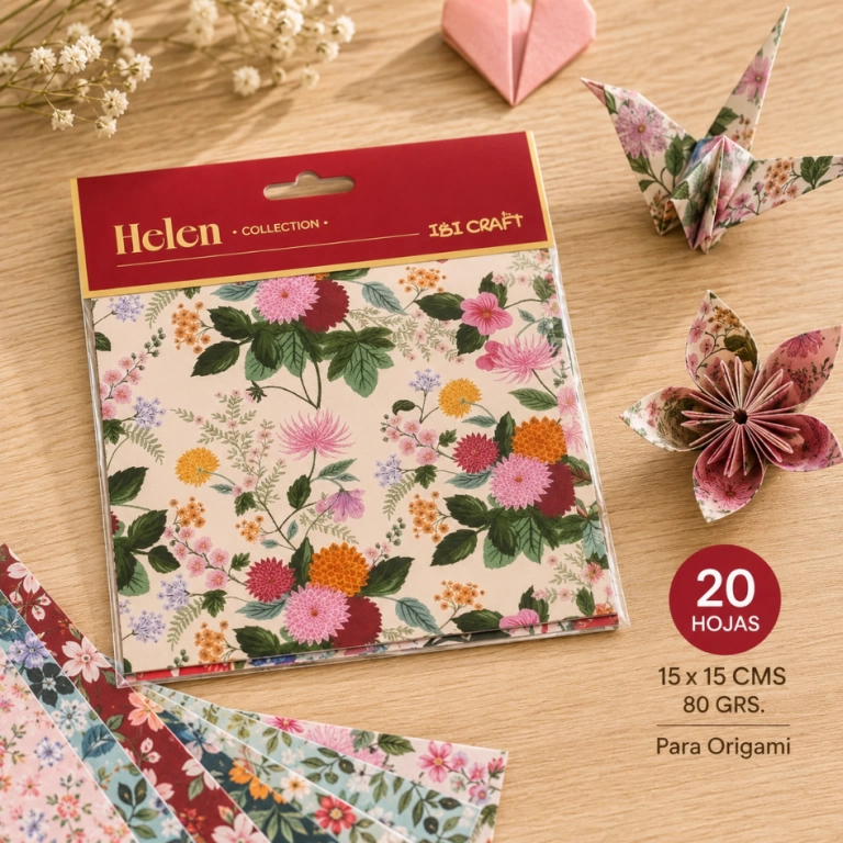 Papel fantas&iacute;a para origami IBI Craft Helen Collection con dise&ntilde;os florales. Ideal para manualidades, decoraci&oacute;n y proyectos creativos.